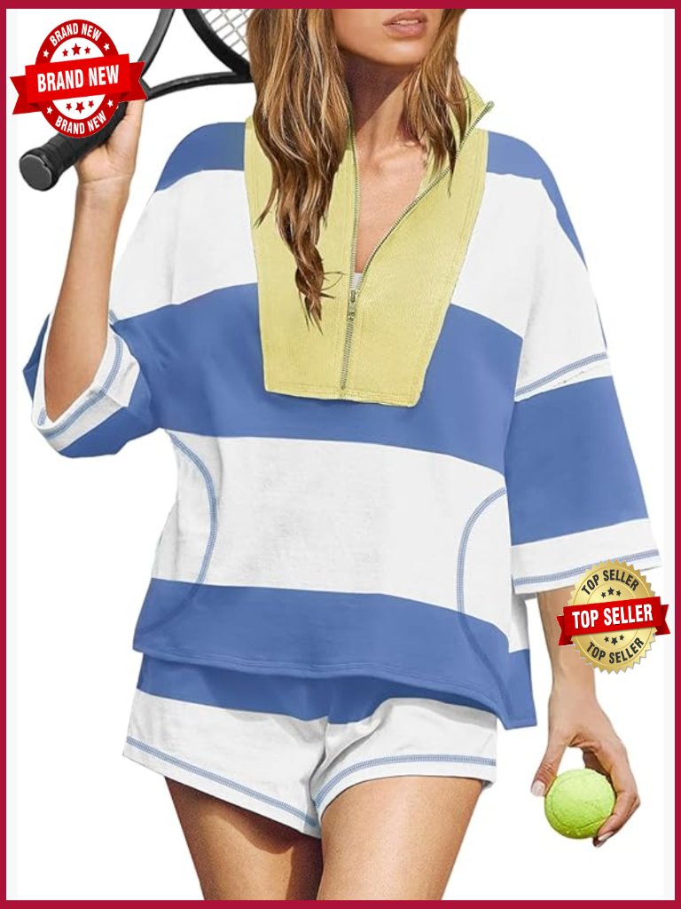 Striped 2 Piece Workout Set Oversized Top And Shorts Retro Rugby Outfit With